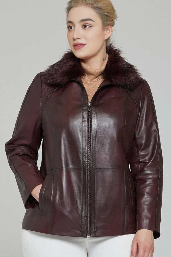 Gemma Dark brown Leather Jacket For Women with Fur Collared