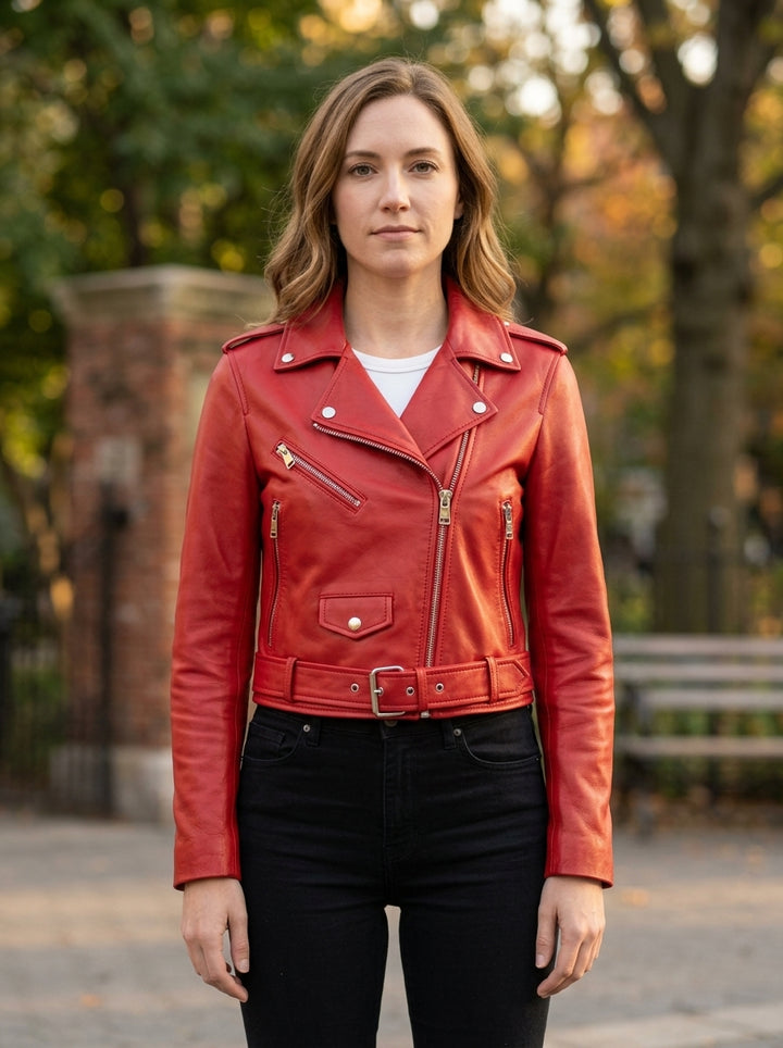 Dahlia Red Brando Women Biker Jacket