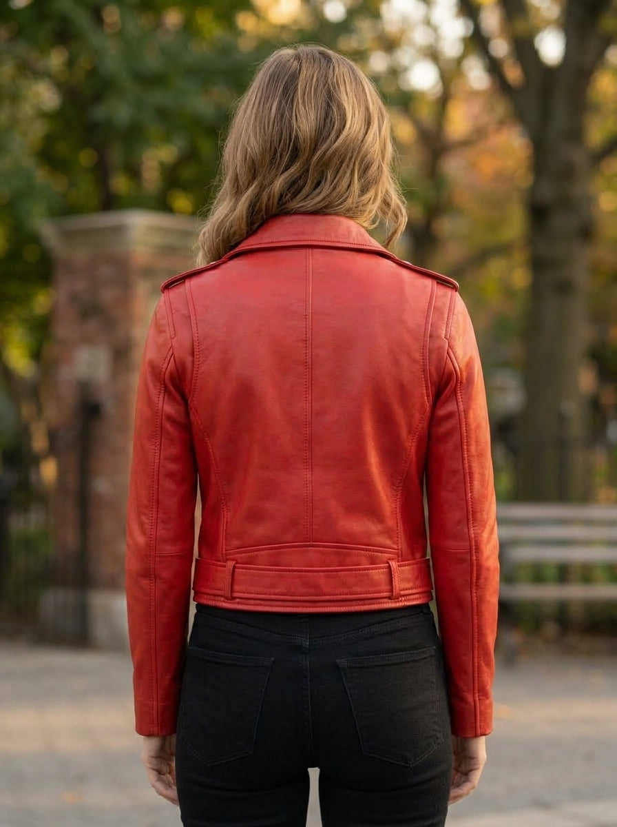 Dahlia Red Brando Women Biker Jacket
