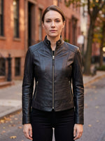 Dainty Biker Racer Black Leather Jacket For Women