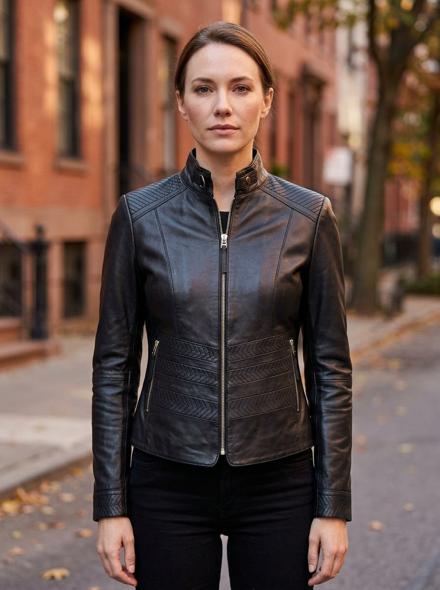 Dainty Biker Racer Black Leather Jacket For Women