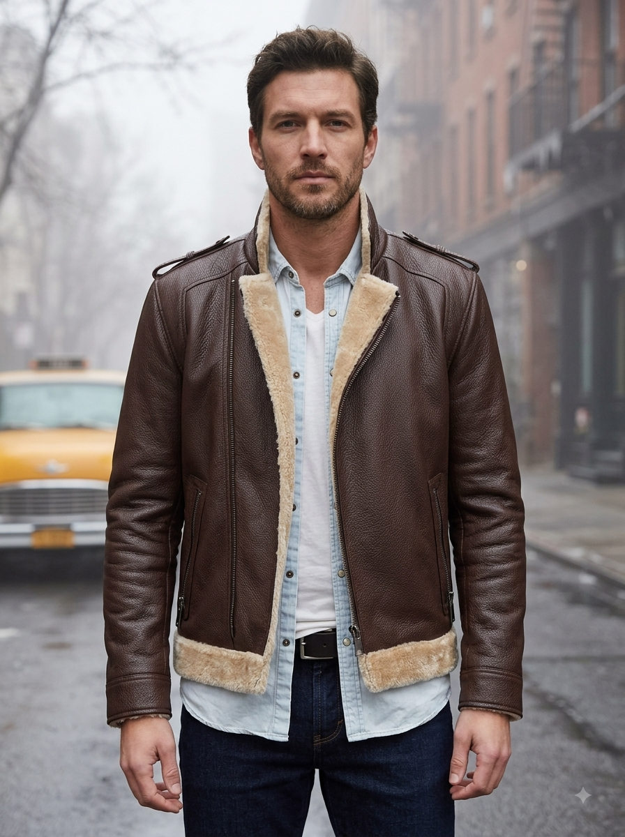 Damian Brown Fur Shearling Leather Jacket For Men