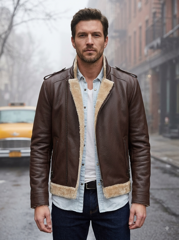 Damian Brown Fur Shearling Leather Jacket For Men