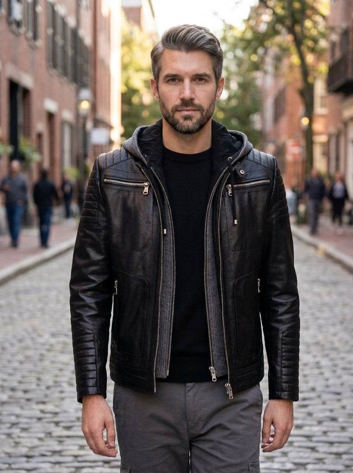 Danger Black Men's Hooded Sports Slim-Fit Leather Jacket
