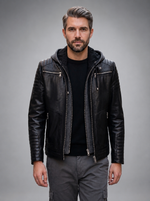Danger Black Men's Hooded Sports Slim-Fit Leather Jacket