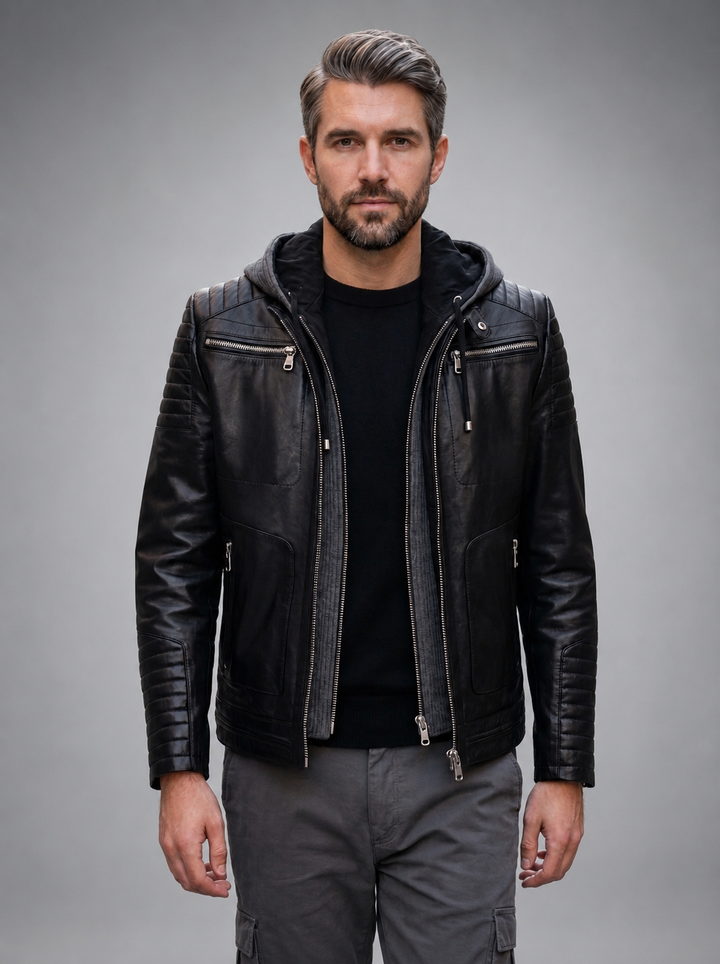 Danger Black Men's Hooded Sports Slim-Fit Leather Jacket