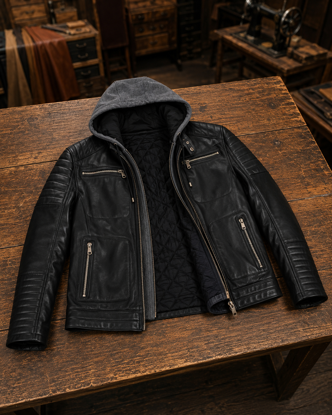 Danger Black Men's Hooded Sports Slim-Fit Leather Jacket