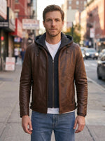 Daniel Brown Leather Jacket With Hoodie For Men