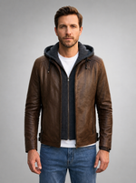 Daniel Brown Leather Jacket With Hoodie For Men