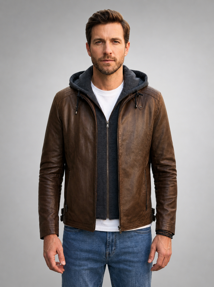 Daniel Brown Leather Jacket With Hoodie For Men