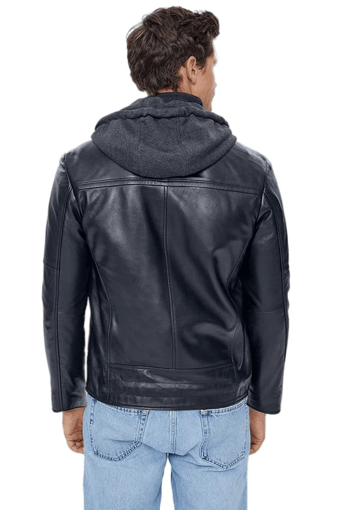 Benjamin Black Hoodie Leather Jacket For Men