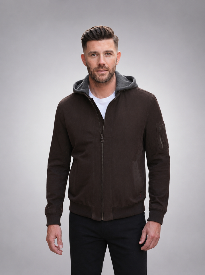 David Brown Leather Jacket With Hood For Men