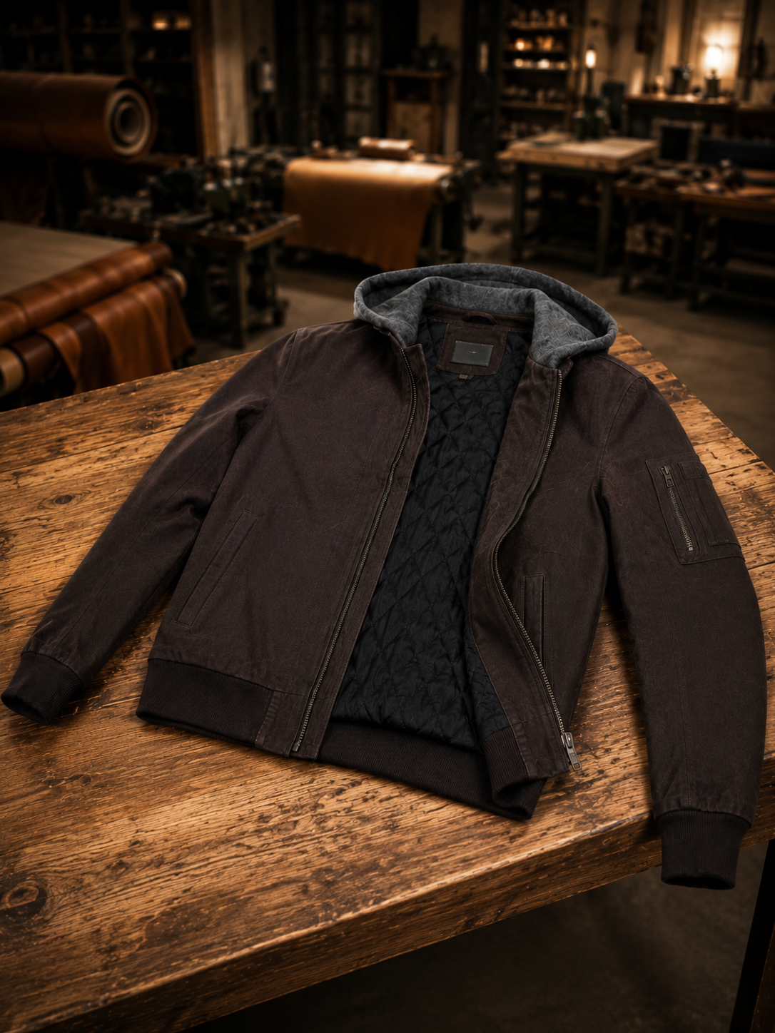 David Brown Leather Jacket With Hood For Men