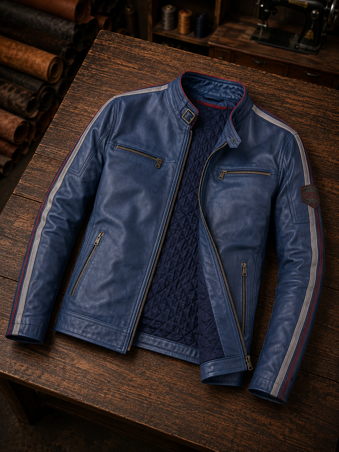 Daytona Blue Cafe Racer leather Jacket For Men