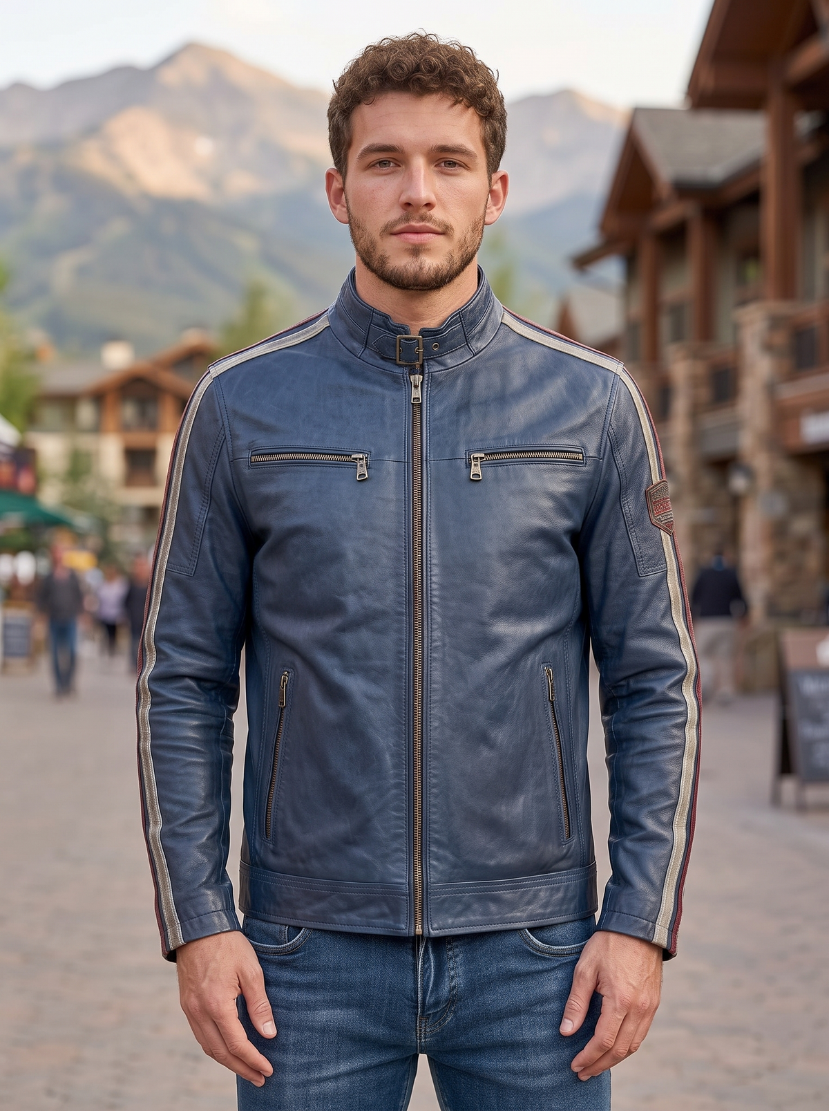 Daytona Blue Cafe Racer leather Jacket For Men