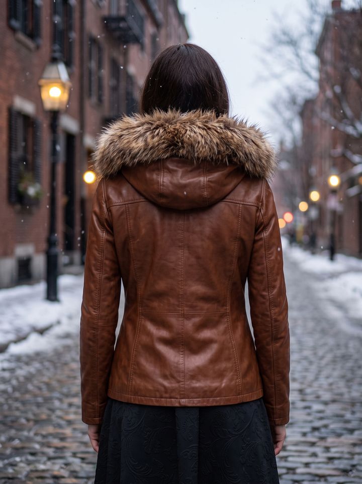 Deborah Brown Fur Hood Leather Jacket For Women