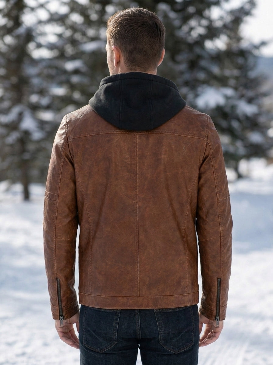 Detroit Hooded Brown Leather Jacket for Men