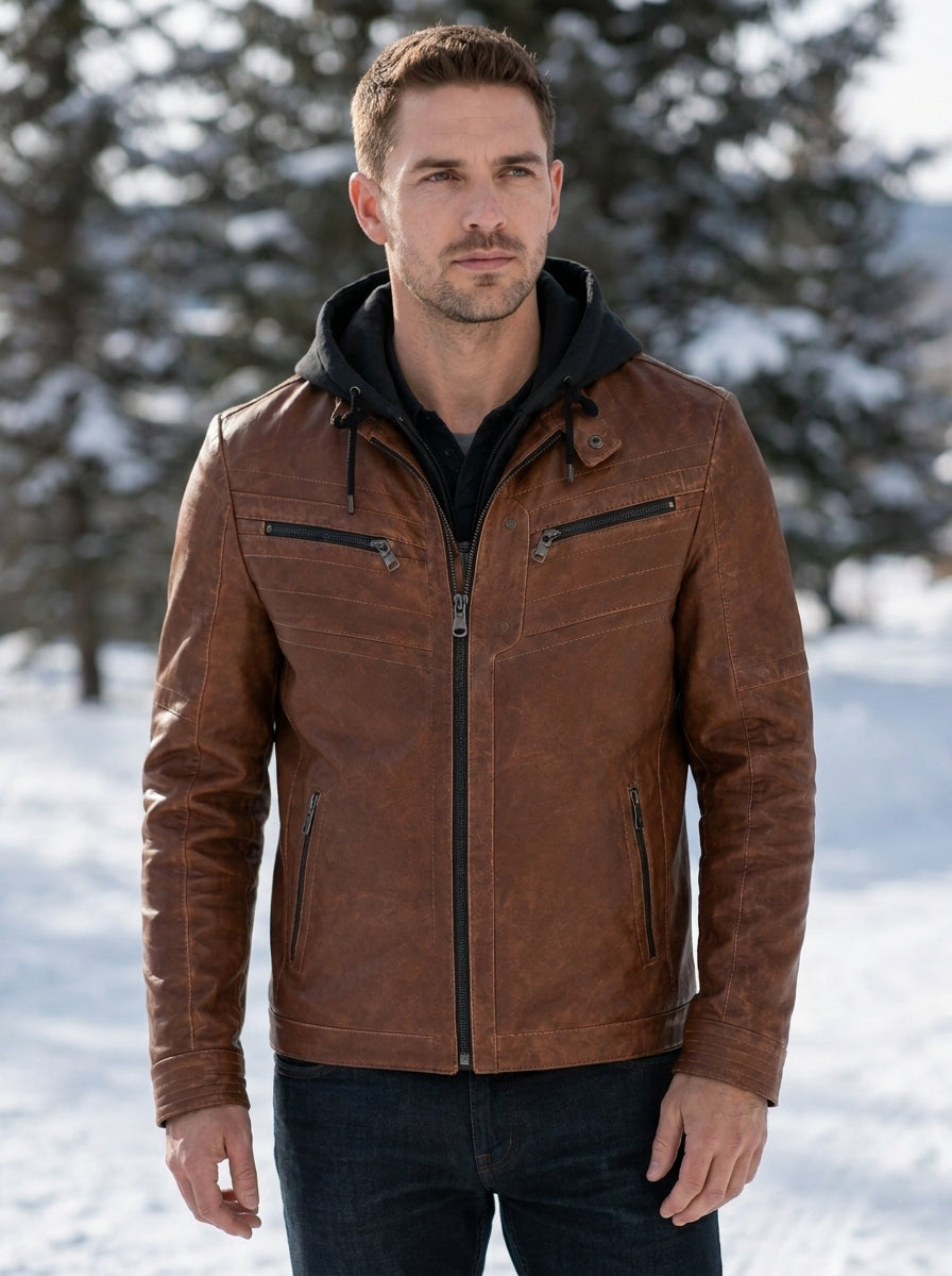 Detroit Hooded Brown Leather Jacket for Men