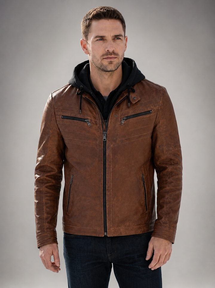 Detroit Hooded Brown Leather Jacket for Men