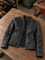 Diagonally Plated Black Leather Jacket For Women