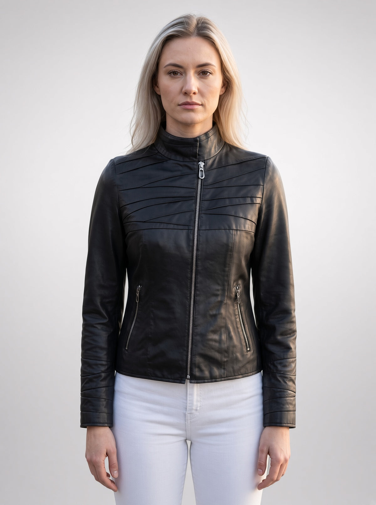 Diagonally Plated Black Leather Jacket For Women
