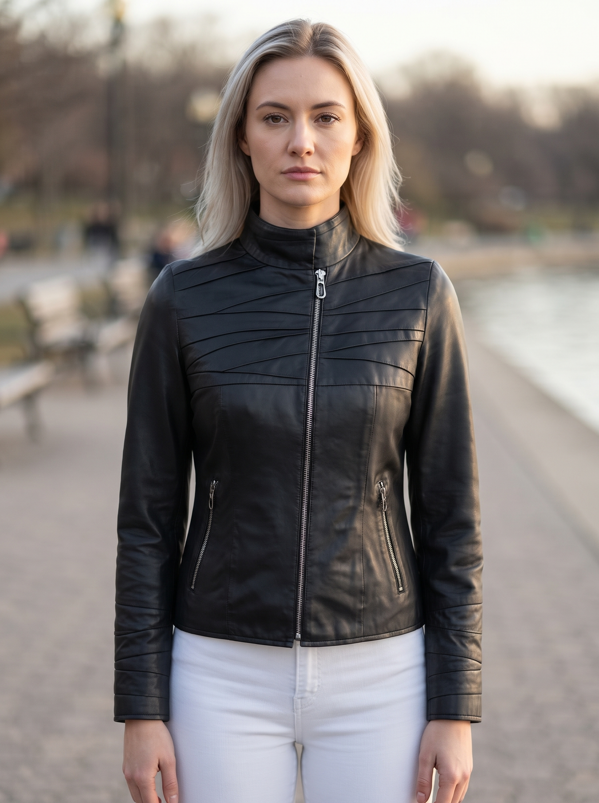 Diagonally Plated Black Leather Jacket For Women