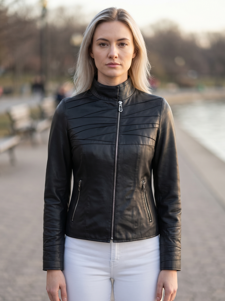 Diagonally Plated Black Leather Jacket For Women