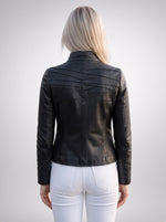 Diagonally Plated Black Leather Jacket For Women