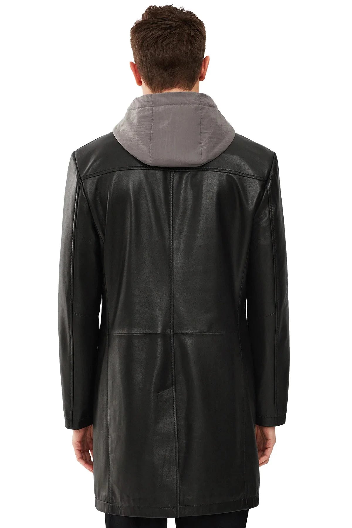 Aaron Men's Black Long Trench Leather Coat With Hood