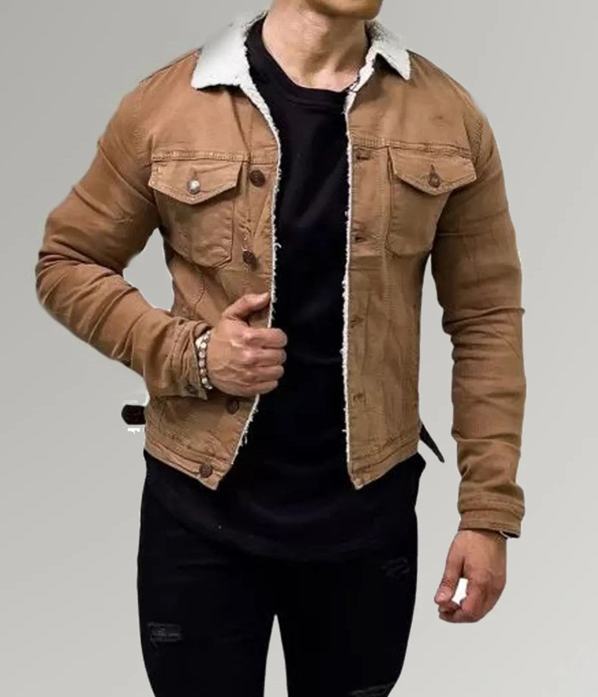 Brown Cotton Biker Jacket For Men