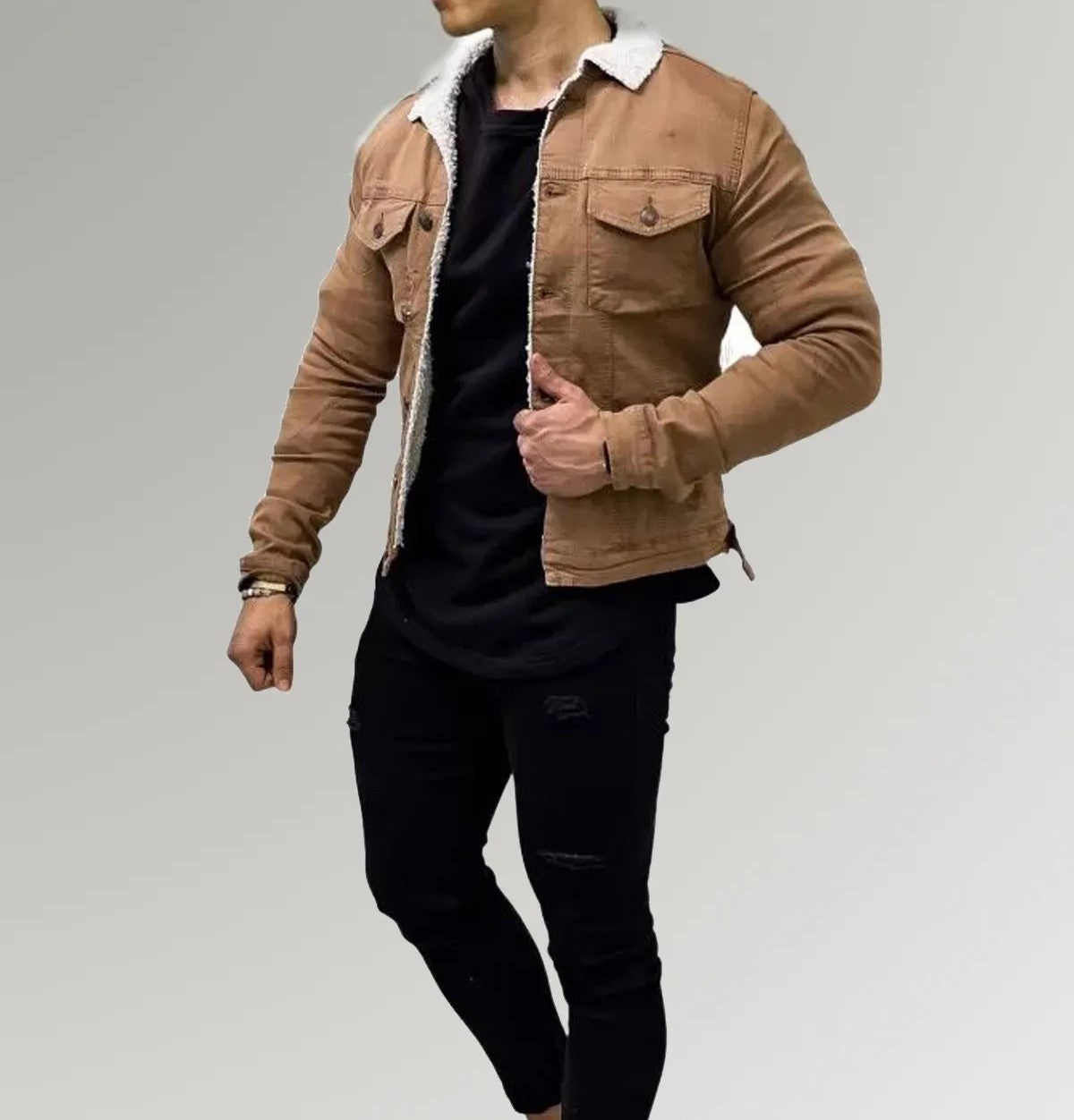 Brown Cotton Biker Jacket For Men