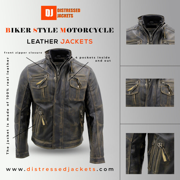 BIKER STYLE MOTORCYCLE JACKET | DISTRESSED LEATHER JACKET