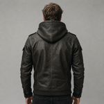 Men's Distressed Black Leather Hooded Bomber Jacket
