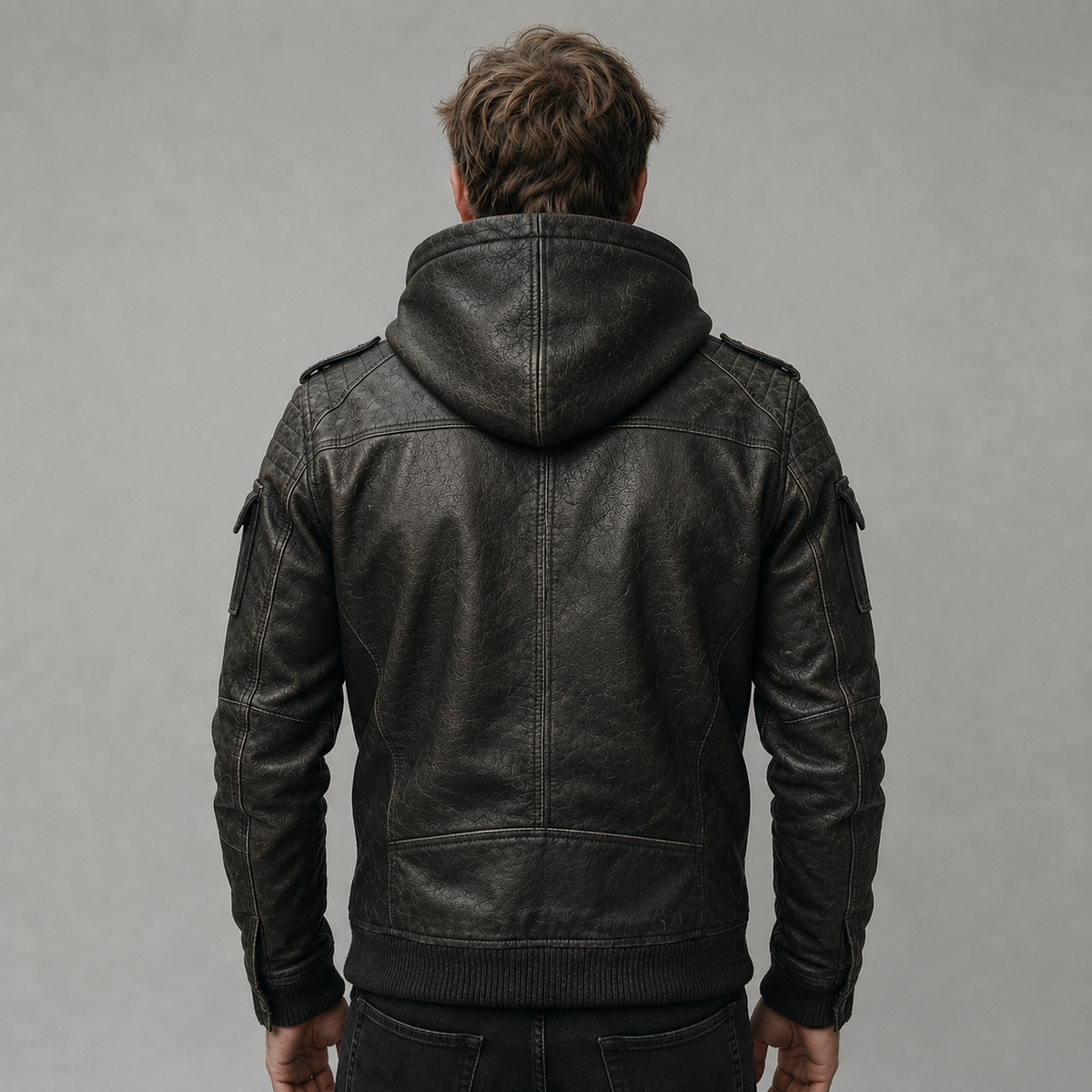 Men's Distressed Black Leather Hooded Bomber Jacket