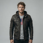 Men's Distressed Black Leather Hooded Bomber Jacket
