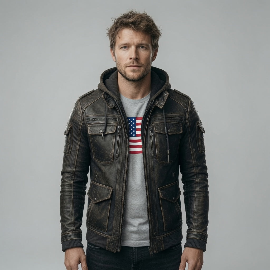 Men's Distressed Black Leather Hooded Bomber Jacket
