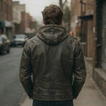 Men's Distressed Black Leather Hooded Bomber Jacket