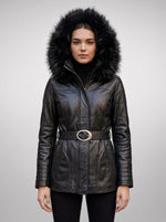 Dorothy Women’s Real Black Leather Fur Collar Short Belted Trench Coat