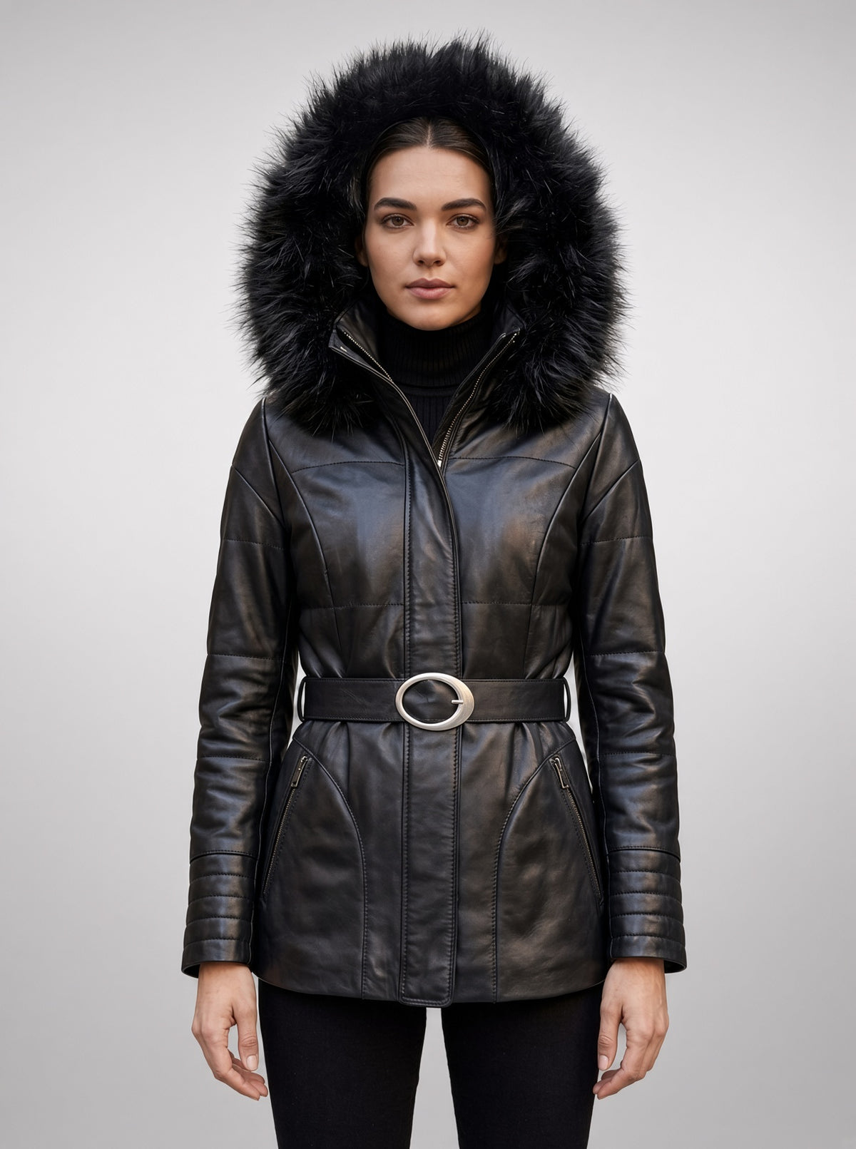 Dorothy Women’s Real Black Leather Fur Collar Short Belted Trench Coat