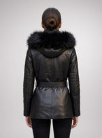 Dorothy Women’s Real Black Leather Fur Collar Short Belted Trench Coat