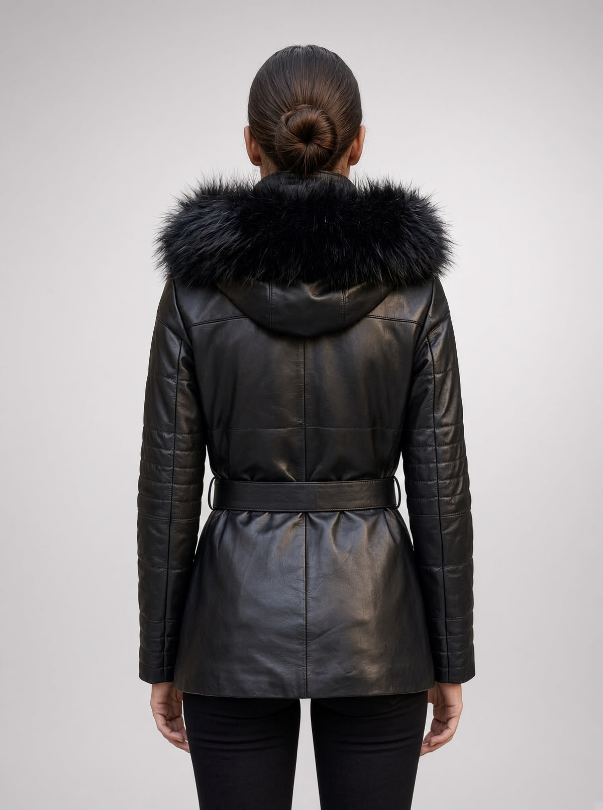 Dorothy Women’s Real Black Leather Fur Collar Short Belted Trench Coat