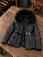 Dorothy Women’s Real Black Leather Fur Collar Short Belted Trench Coat