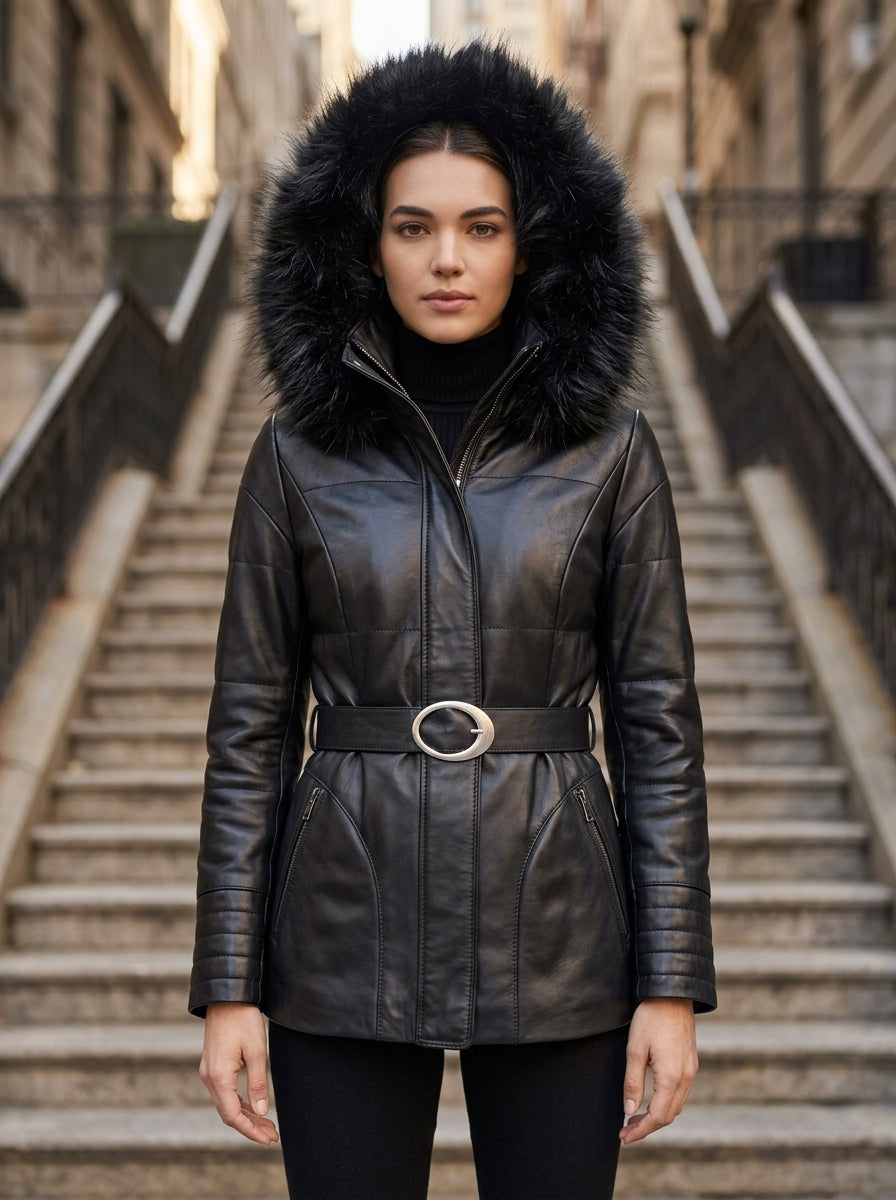 Dorothy Women’s Real Black Leather Fur Collar Short Belted Trench Coat