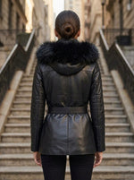 Dorothy Women’s Real Black Leather Fur Collar Short Belted Trench Coat