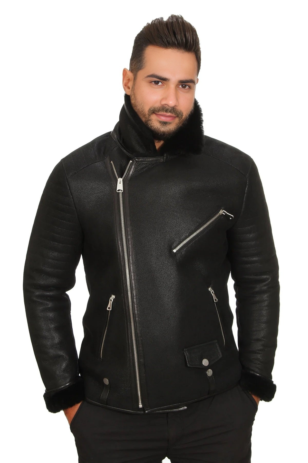 Theodore Black Fur Collar Leather Jacket For Men