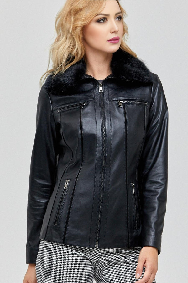 Linda Black Leather Jacket With Fur Collar  For Women