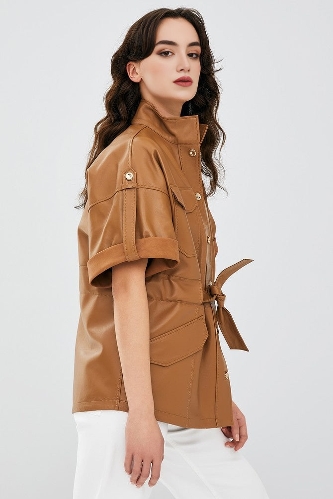 Brown Goldy Leather Jacket For Women's