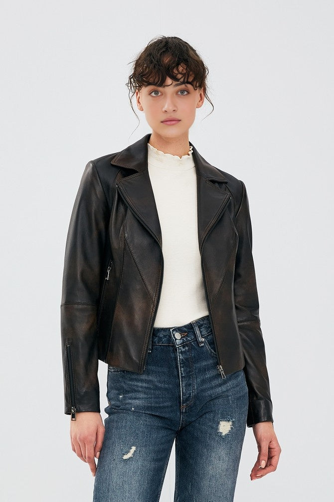 Natalie Distressed Black Waxed Sheepskin Leather Jacket