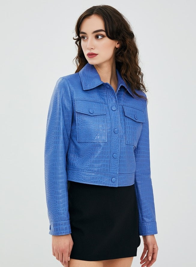 Blue Tina Leather Jacket For Women's