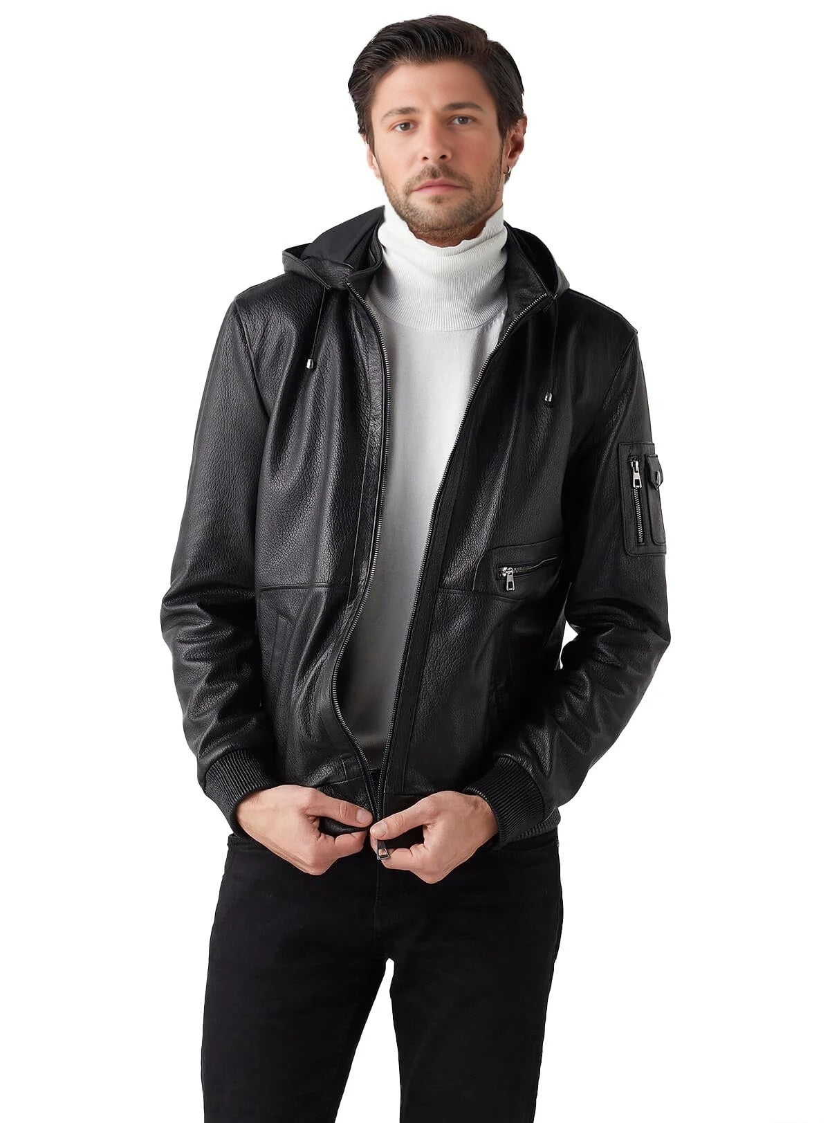 Max Black Bomber Leather Jacket With Hood
